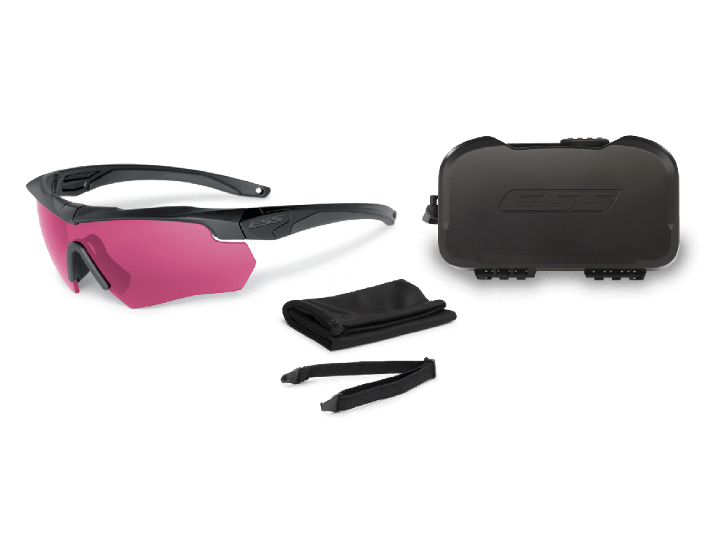 ESS Crossbow ONE Laser LPL-5 ballistic eyeshield with clear case and cleaning cloth, featuring fog-free technology.
